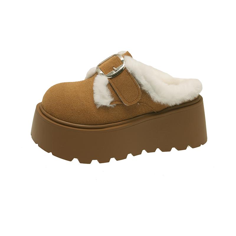 Fashionable belt-buckle woolen slippers for women to wear outside, 2025 new thick-soled fleece warm cotton slippers