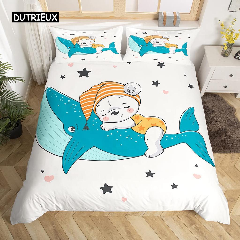 Σετ Πάπλωμα Φάλαινα Queen Size Αστρικά Αστέρια Σύμπαν Νεφέλωμα Κάλυμμα Πάπλωμα Μπλε Γαλαξίας Θέμα Ωκεανός Θαλάσσια Πλάσματα Σετ Κλινοσκεπασμάτων