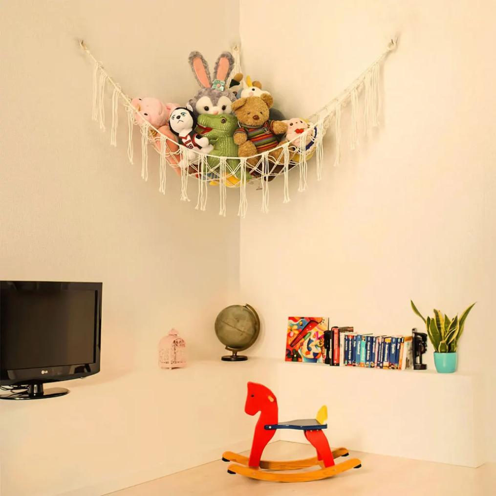 1Pc Toy Hammocks Wall Corner Hanging Storage Net Organizer Woven Kids Stuffed Mesh Hammock Baby Animal Rope Hammock Bag Cotton