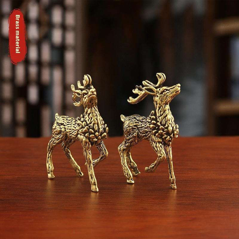 1Pc Deer Ornament Deer Statue Miniature Sika Miniature Figurines Solid Brass Tabletop Decoration Deer Sculpture Ornaments