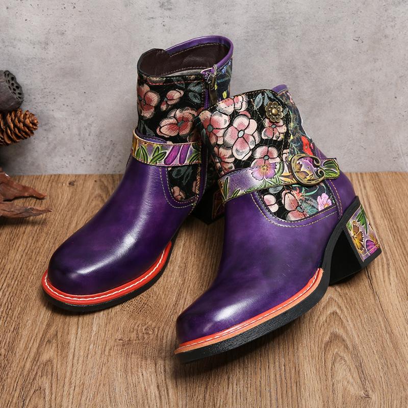 Johnature Vintage Floral High Heeled Women's Boots Genuine Leather Shoes Hand-painted Belt Buckle Fashion Short Boots