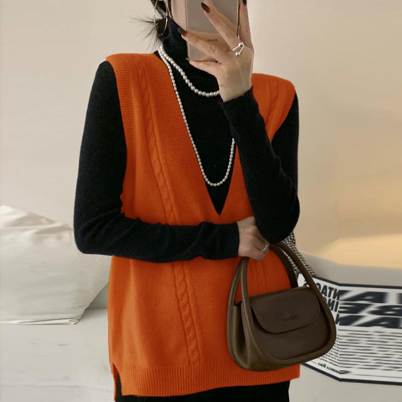 Colete Suéter Sem Mangas Feminino Casual com Decote em V, Tricô de Cabo 100% Lã para Sobreposição no Outono/Inverno