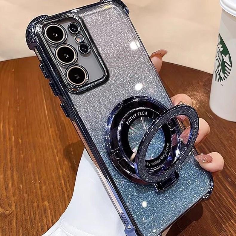 Suitable for Samsung S25ULtra Plating Flash Powder Airbag Magnetic Suction Bracket Mobile Phone Case A36 Anti Fall Full Cover Soft Shell A24