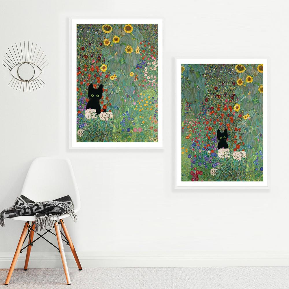 Gustav Klimt Farm Garden With Sunflowers And A Black Cat Art Print Vinatge Matise Abstract Canvas Painting Home Decor Poster