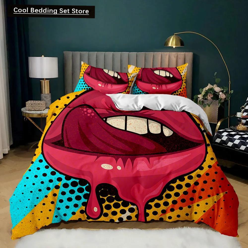 Juego de Funda Nórdica para Labios Juego de Cama de Labios Dorados Sexy Pareja Adulta Individual Doble Queen King Size Cubierta de Edredón de Poliéster con Marcas de Besos 3D