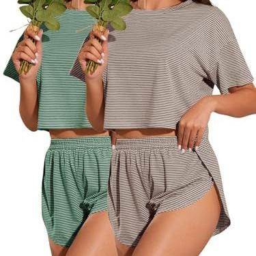 Women's Summer Pajamas Two-piece Set Striped Short Sleeve T-Shirt Split Shorts Loungewear