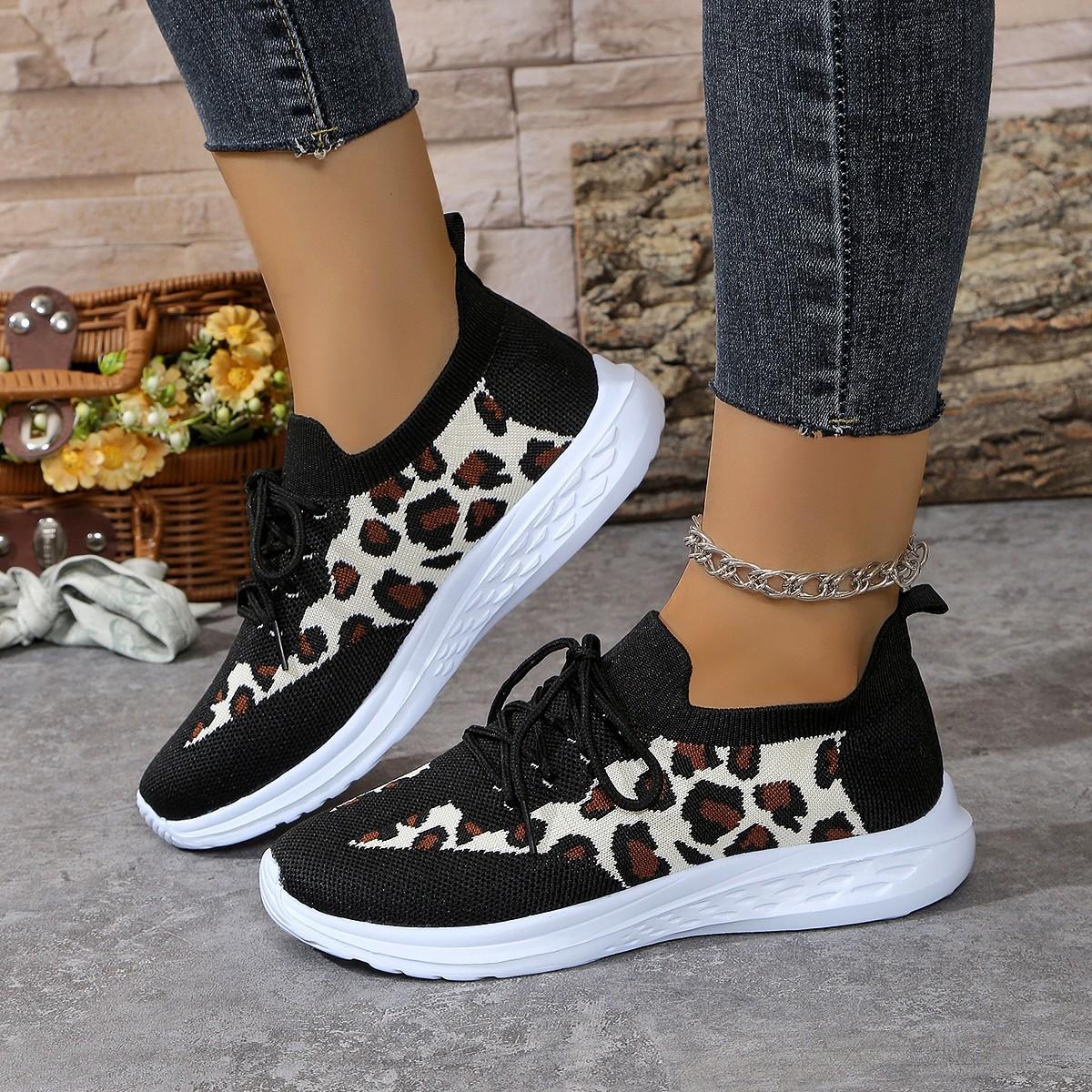 

Жіноче повсякденне спортивне взуття Новий леопардовий принт круглий носок ремінець плоска підошва зручне сітчасте жіноче взуття 43 чорний