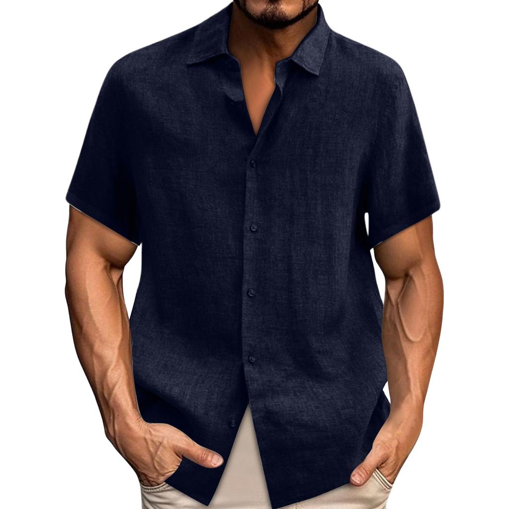 Spring Summer Men's Casual Cotton Linen Color Short Sleeve Shirts Loose Shirts
