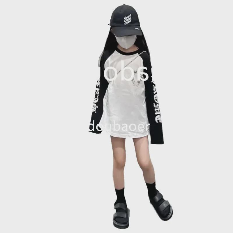 Mädchen 2025 Frühjahr Lässiges bedrucktes T-Shirt mit Raglanärmeln - Lockeres, mittellanges, trendiges Oberteil