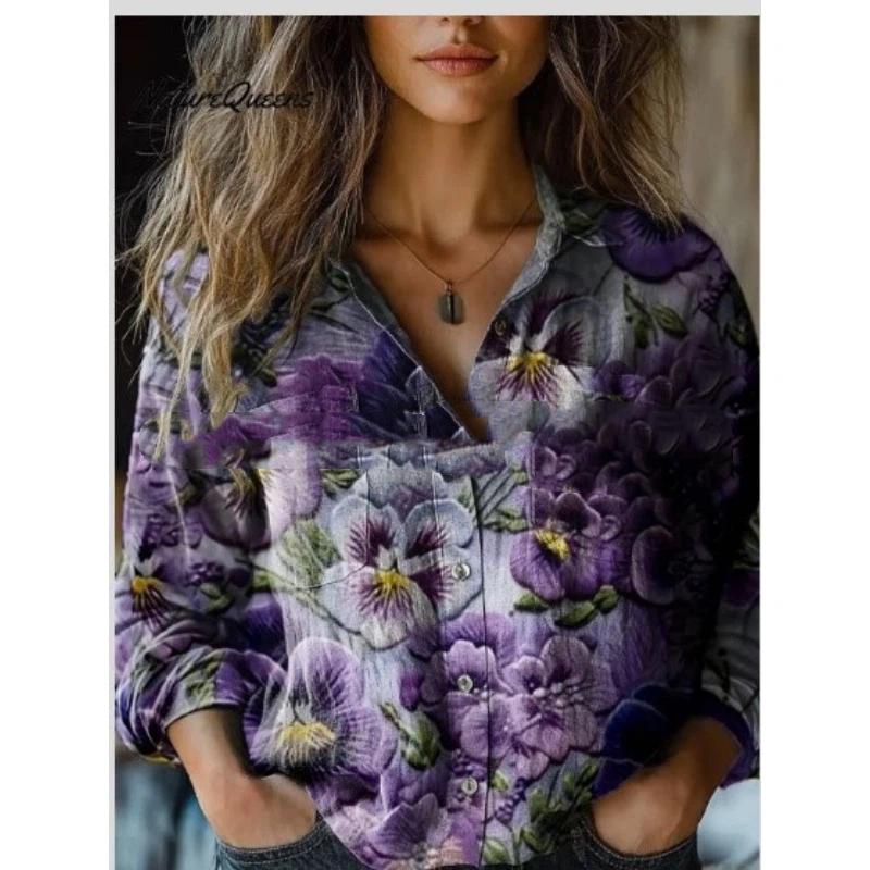 Women Vintage Floral Print V Neck Ruffle Collar Long Sleeve Button Down Blouse With Pockets
