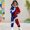 Girls Red Blue Star Printed Hooded Two Piece Set Long Sleeve Kangaroo Pocket Top Cuffed Pants