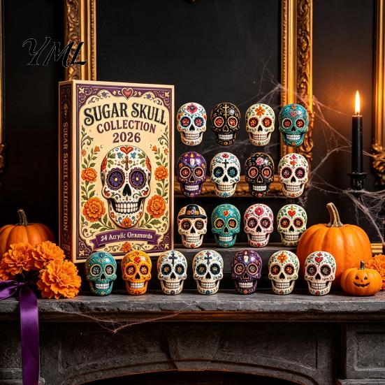 Calendario dell'Avvento di Halloween Giorno dei Morti, Set di Ornamenti Acrilici da 24 Giorni con Stile Oscuro Decorazioni per la Casa Teschio e Fiori di Calendula, Decorazione da Appendere all'Albero,