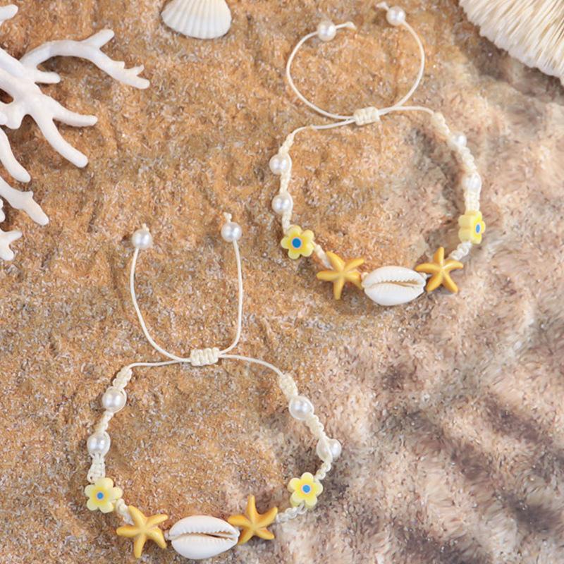 1011 Ocean Resort Wind Starfish Shell Bracelet, Daisy Rainbow Print Hand Rope Tide
