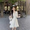 Gentle Wind V-neck Lace-up Long-sleeved Dress Women's Summer New French Temperament Thin Fungus Edge Little White Skirt