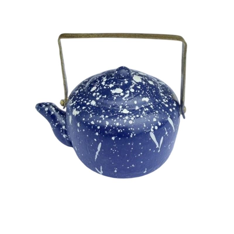 Pretend Play Kitchen Kettle Toy Miniature Enameled Model For Dollhouses Scene Easy Carry Handle Design
