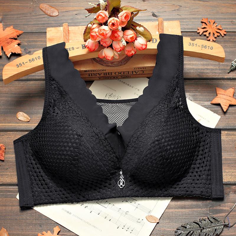 

модний літній тонкий бюстгальтер великого розміру мереживо без сталевого кільця нижня білизна жіноча повітропроникна регулювальна білизна великі груди показує невеликий збірний бюстгальтер 105C чорний