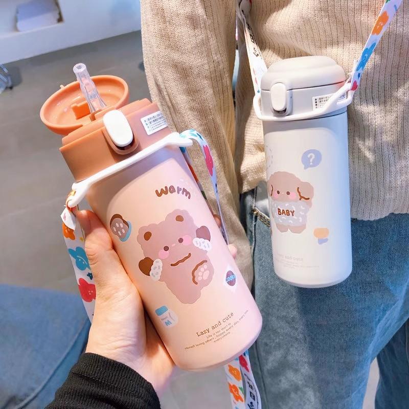 380ML Stainless Steel Thermos Vacuum Flask Cute Cartoon Thermal Bouncing Water Bottle Insulated Straw Cups Tumbler Drinkware