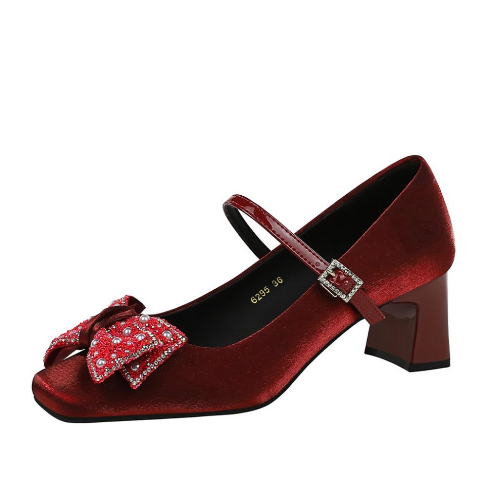 Thick Heel Medium Heel Single Shoes Women's Rhinestone Bow Versatile Satin One-word Buckle Strap Square Head Mary Jane Shoes
