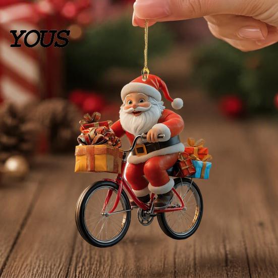 Small Festive Gift for Family 2Pcs Christmas Santa Riding Bicycle Acrylic Hanging Ornament, Car Exquisite Holiday Party Favors Interior Rearview