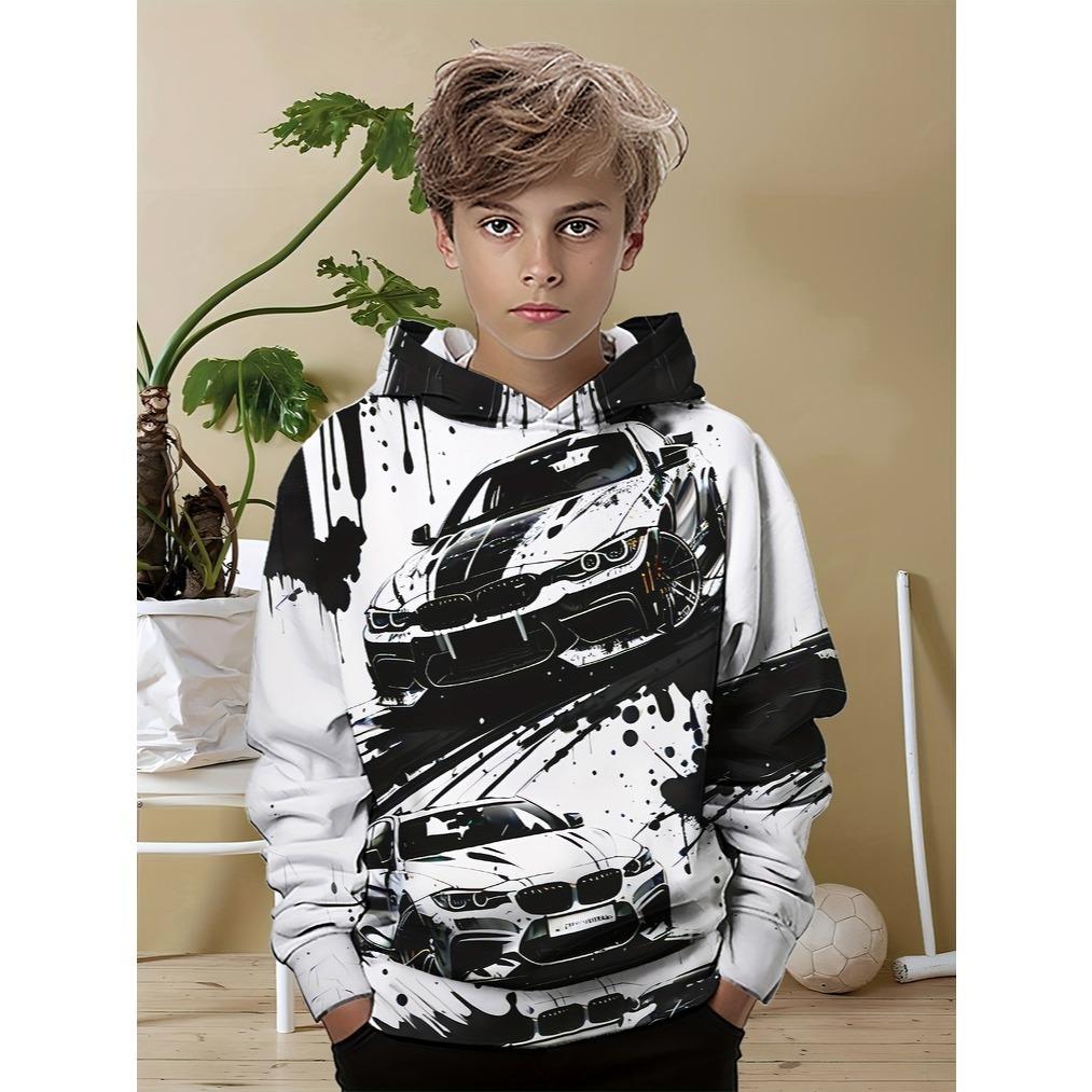 Boys' Casual Hoodie, Cool Car Print - Long Sleeves, Perfect Choice for Spring and Autumn Seasons, Loose Fit