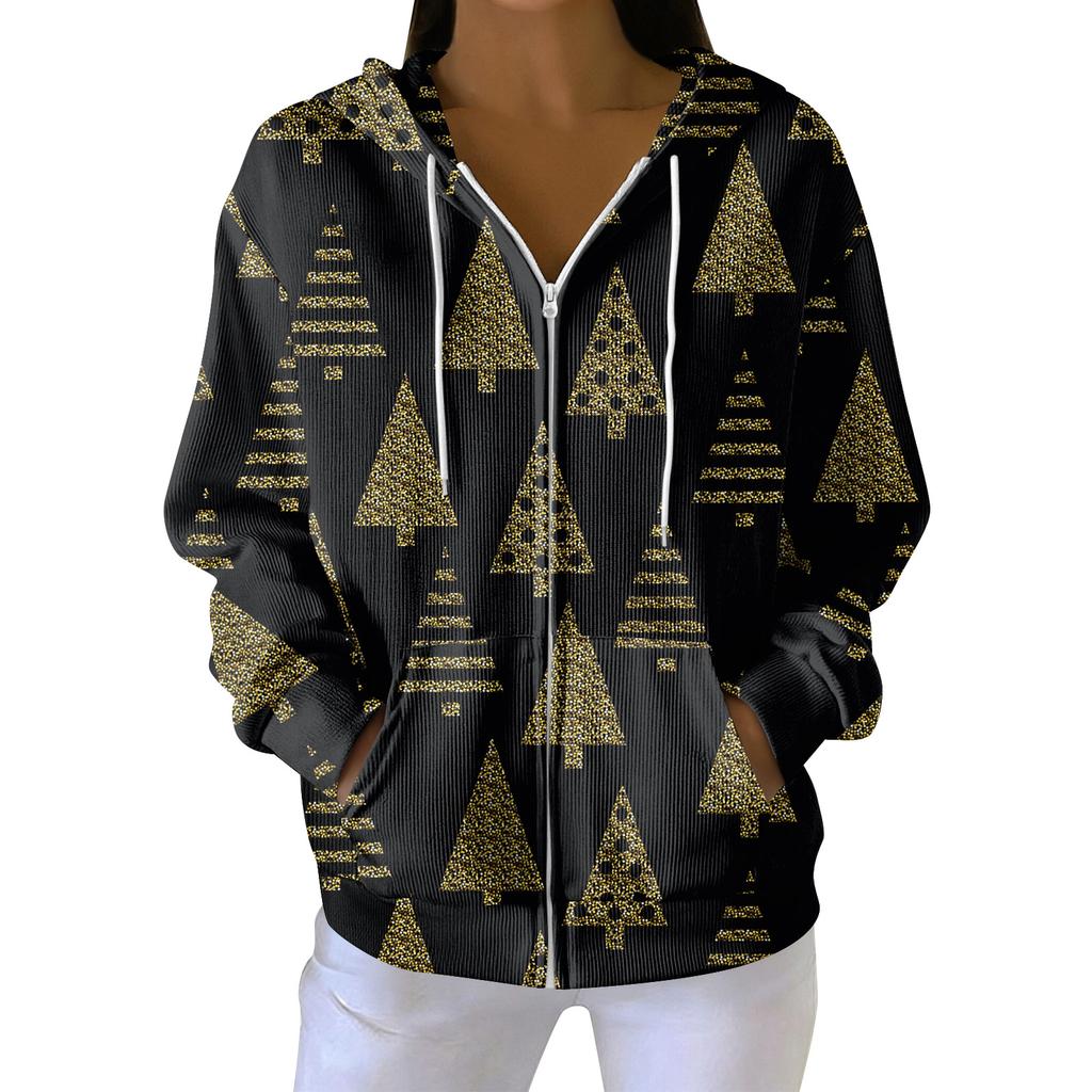 Sudadera con capucha de punto casual para mujer de moda con cremallera y manga larga con estampado navideño