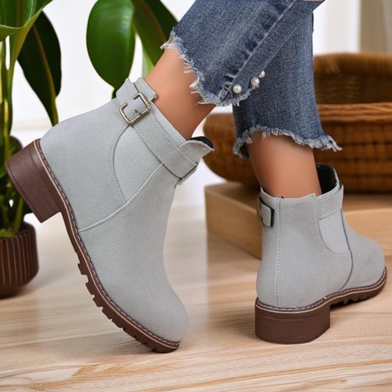 Women Boots 2025Retro Suede Round Head Thick With Belt Buckle Boots EuropeAmerica Wind Casual High Heel Ankle Boots Botas Mujer
