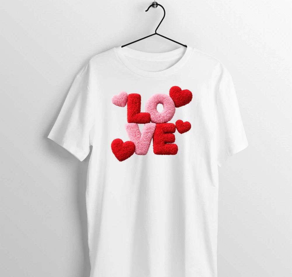 Ladies Love Heart Graphic TShirt Fluffy Plush 3D Look Print Pink Red Hearts L