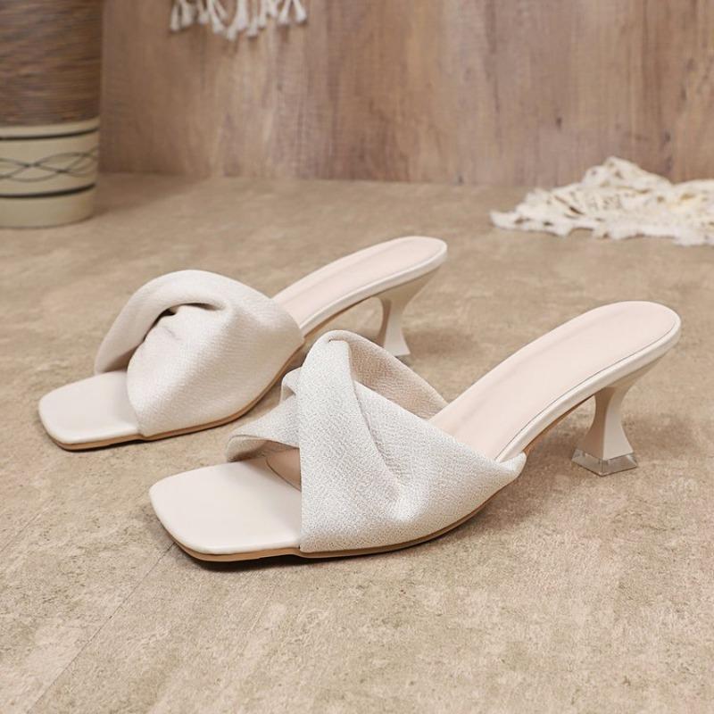 Fashion Summer Temperament Square Toe Soft Leather Flip-flops Women's New Outing Pleated Open-toe Stiletto High Heels