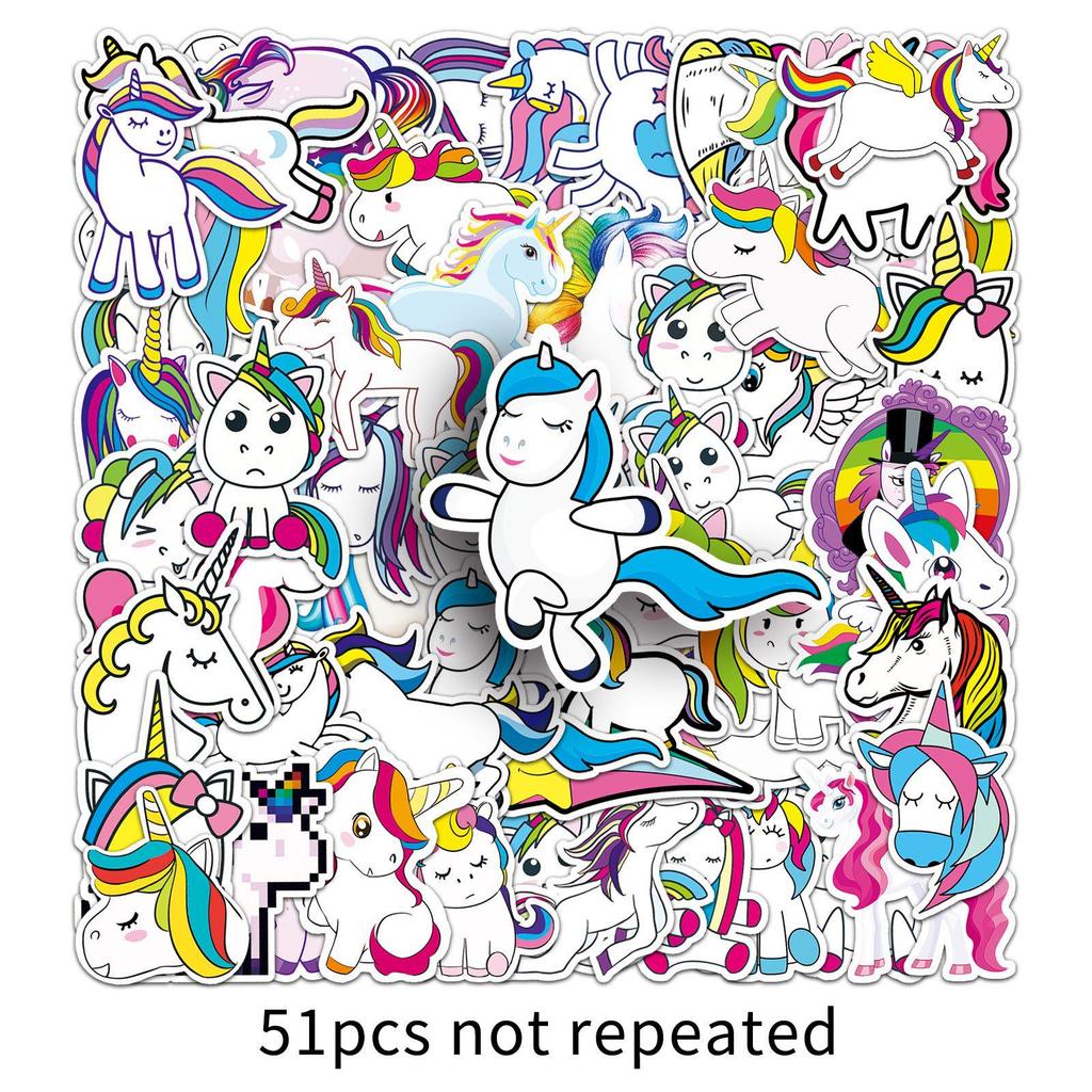 51-Pack Unicorn & Horse Rainbow Cartoon Graffiti Stickers - Waterproof for Laptops, Suitcases, and Cars.