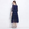 Solid Patchwork Embroidery Cascarding Ruffles Long Dress for Women Slash Neck Lace Hollow Out Office Work Dress Female Clothing