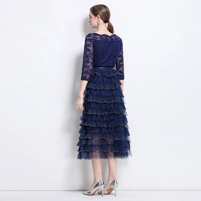 Solid Patchwork Embroidery Cascarding Ruffles Long Dress for Women Slash Neck Lace Hollow Out Office Work Dress Female Clothing