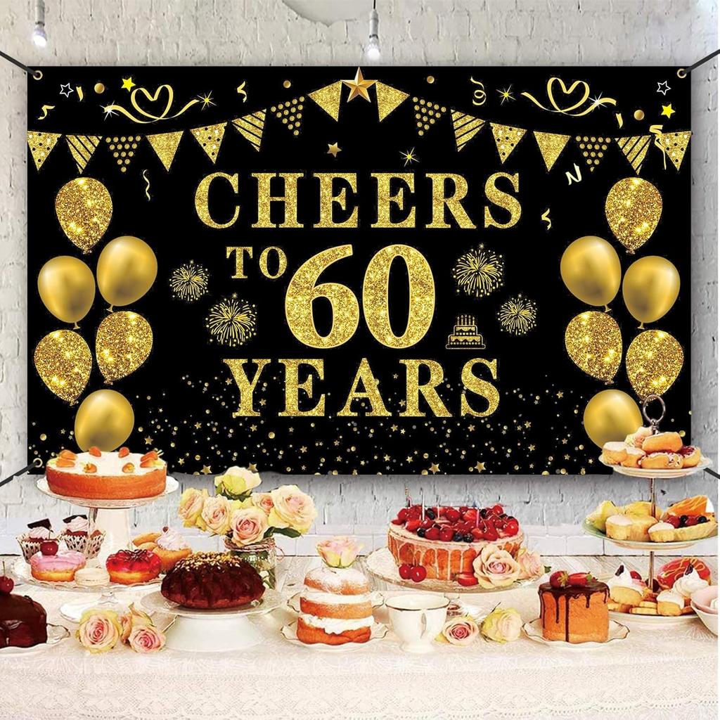 Trgowaul 60th Birthday/Anniversary/Wedding Decorations for Women Men, Cheers to 60 Years Banner, Black and Gold 60th Birthday Backdrop, 60 Bday