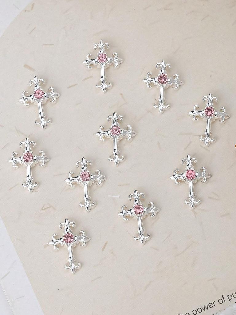 10pcs Gold SilverCross Nail Charms 3D White Pink Rhinestones Nail Art Decorations DIY Nail Gems Nail Supplies