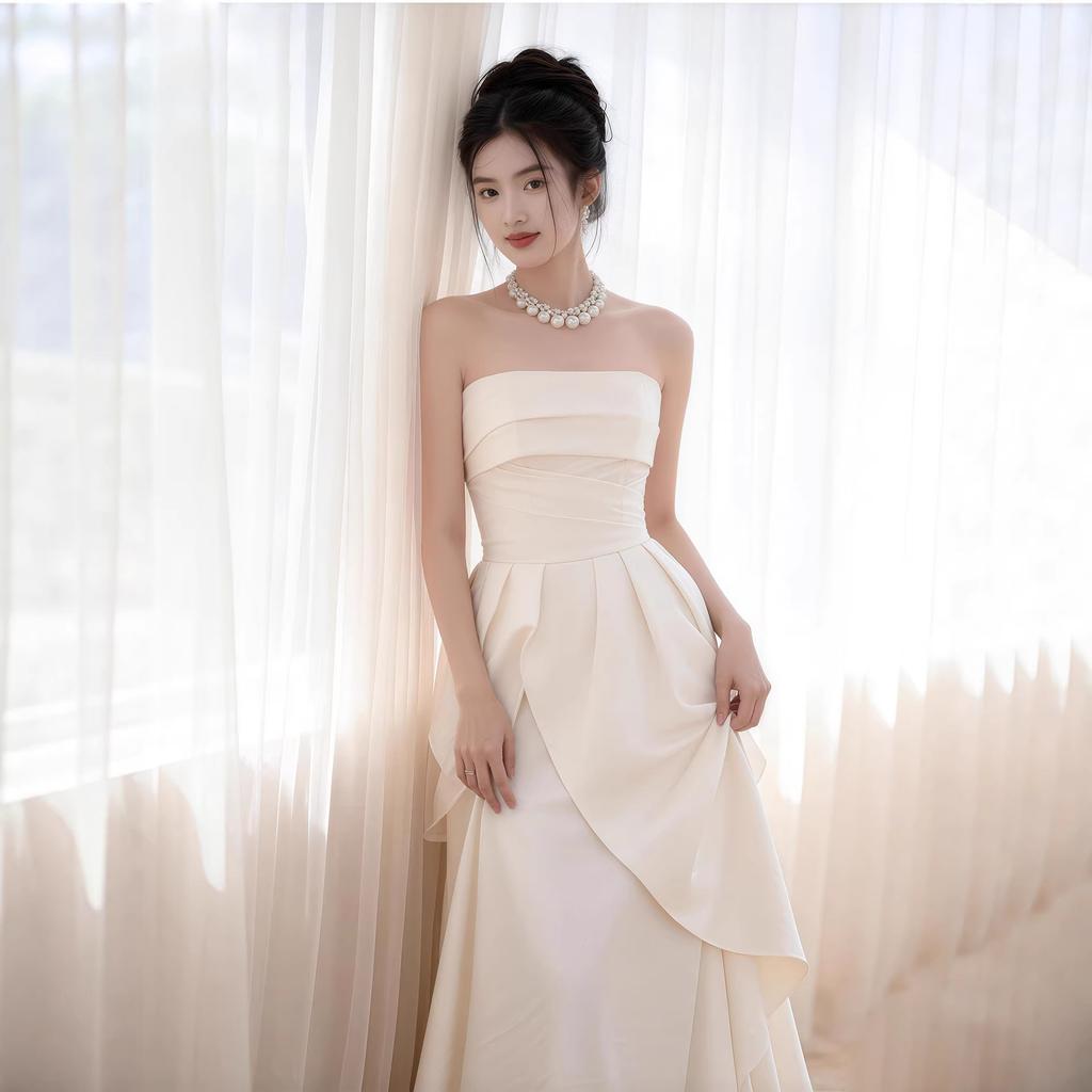 French tube top bride engagement dress women's light luxury niche light wedding dress certificate dress temperament long small white dress