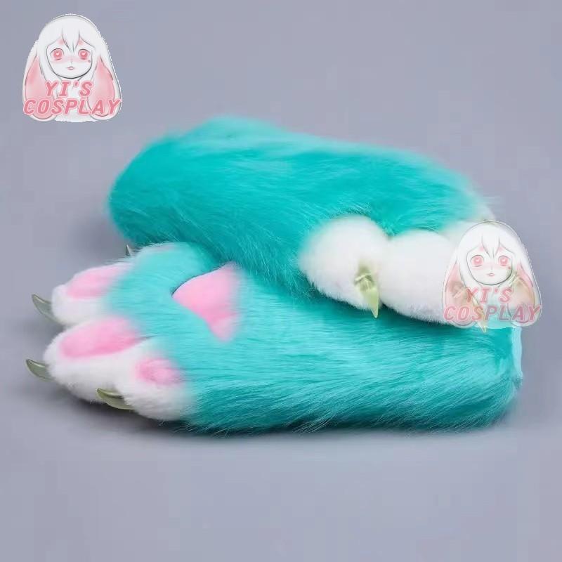 

Furry Paw Gloves Customized Furry Head Kigurumi Plash Gloves Paw Fluffy with one left New Yellow Pink Rabbit Fur ear One Size небо синє кольору