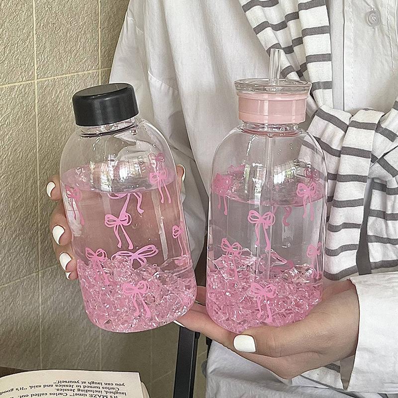Kawaii Water Bottle Aesthetic Tumbler For Ice Coffee Juice Tea Cute Bowknot Plastic Cups With Straw Lid Portable Drinking Bottle