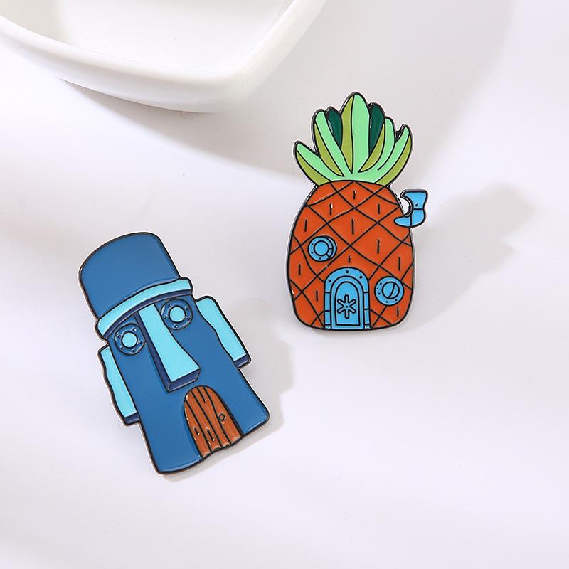 Pineapple House Squidward Brooch - Cute Cartoon Badge Spongebob Merch Hoodie Accessory for Couples, Creative European & American Style.