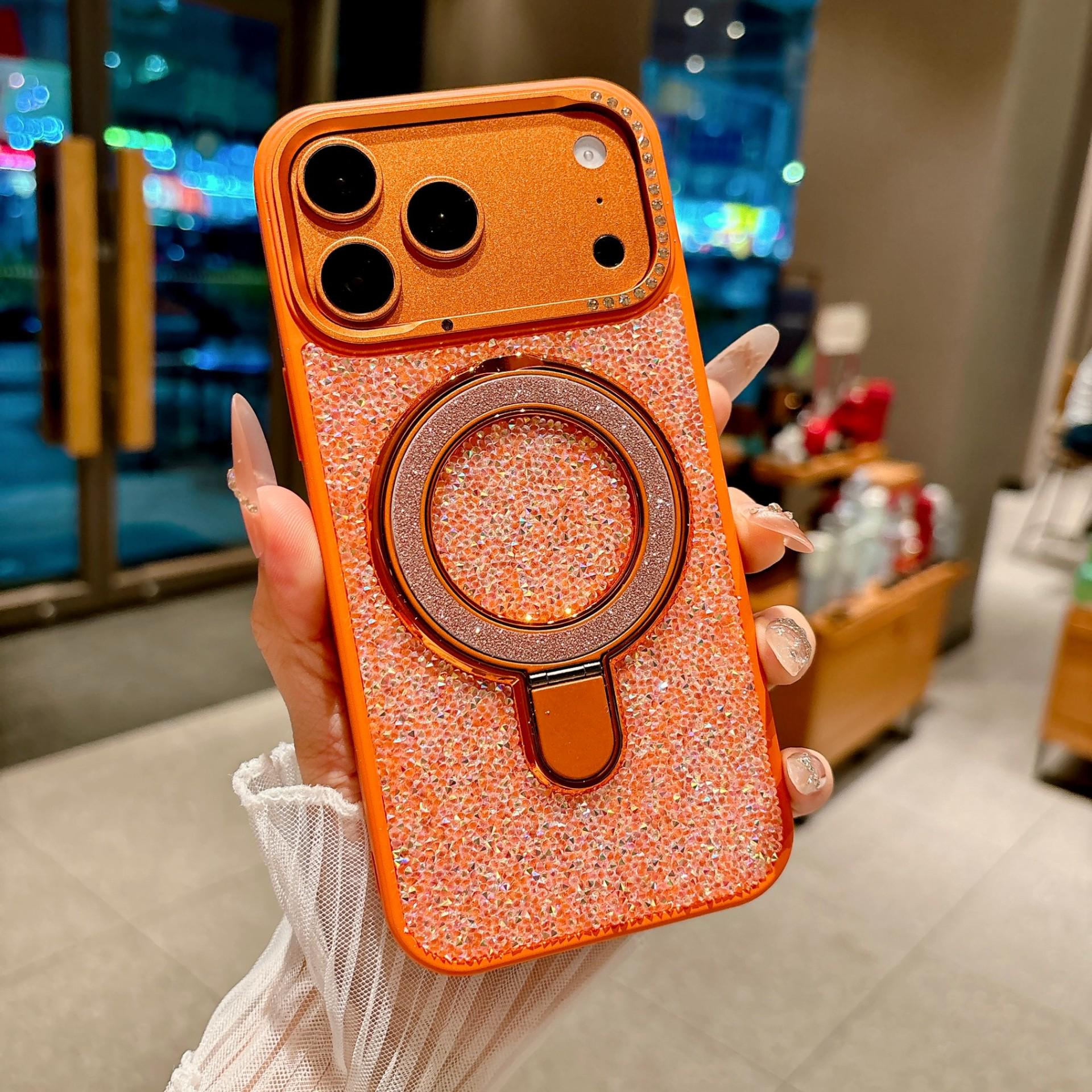 

Rhinestone Glitter Stand iPhone 17 Case: Drop-Proof, Large Hole Design for Apple 16 Women. 17 Pro помаранчевий