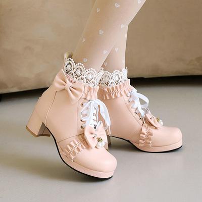 Büyük Beden 28-43 Kız Çocuk Botları Fırfırlı Vintage Lolita Kadın Düğün Botları Siyah Beyaz Pembe Bağcıklı Kalın Yüksek Topuklu Platform Ayakkabılar