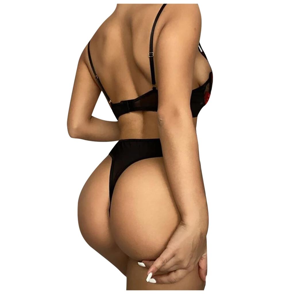 Women's Sexy Lace Bra and Panty Set, Sheer Mesh Floral Embroidery Lingerie, Two-Piece Underwear