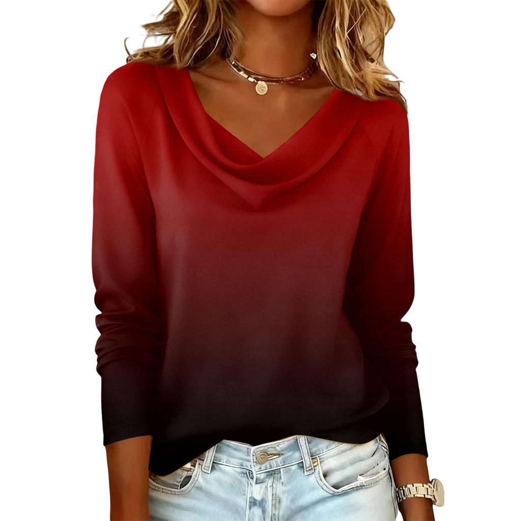 Ladies' Gradient Printed Casual Fashion Long Sleeved Pullover Top