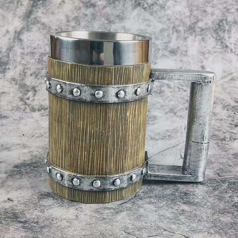 Handcrafted Wooden-Style Barrel Beer Mug with Stainless Steel Lining – Large Capacity