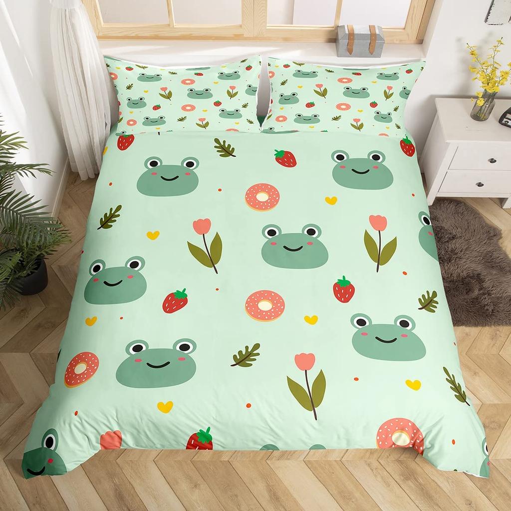 Frog Duvet Cover Cartoon Frog Bedding Set Full Size Cover Set for Women Teens Boys Kids Girls Gift Bedroom Decoration Queen Size