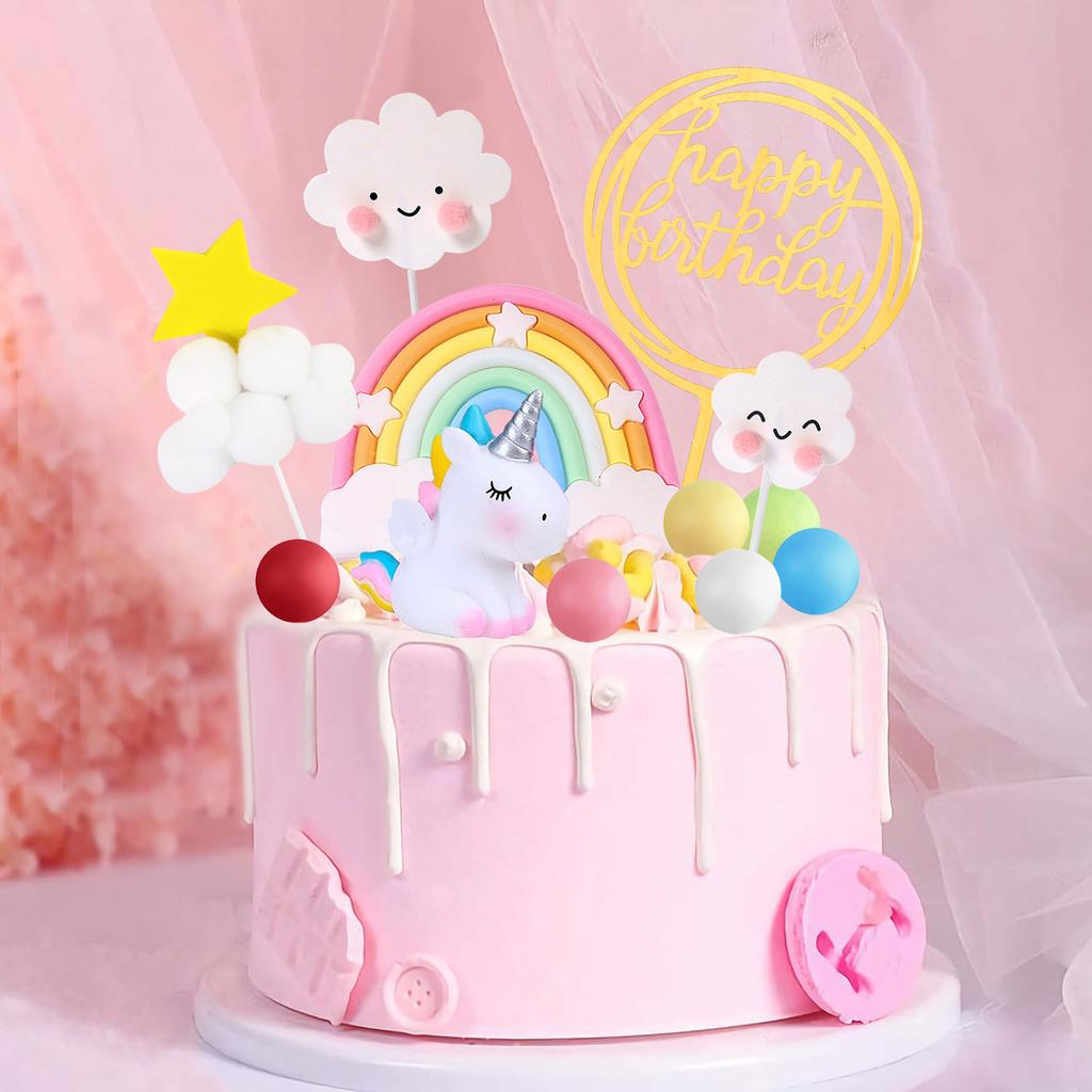 Unicorn Cake Topper Kit Cloud Rainbow Balloon Happy Birthday Banner Cake Decoration For Boy Girl Kid Birthday