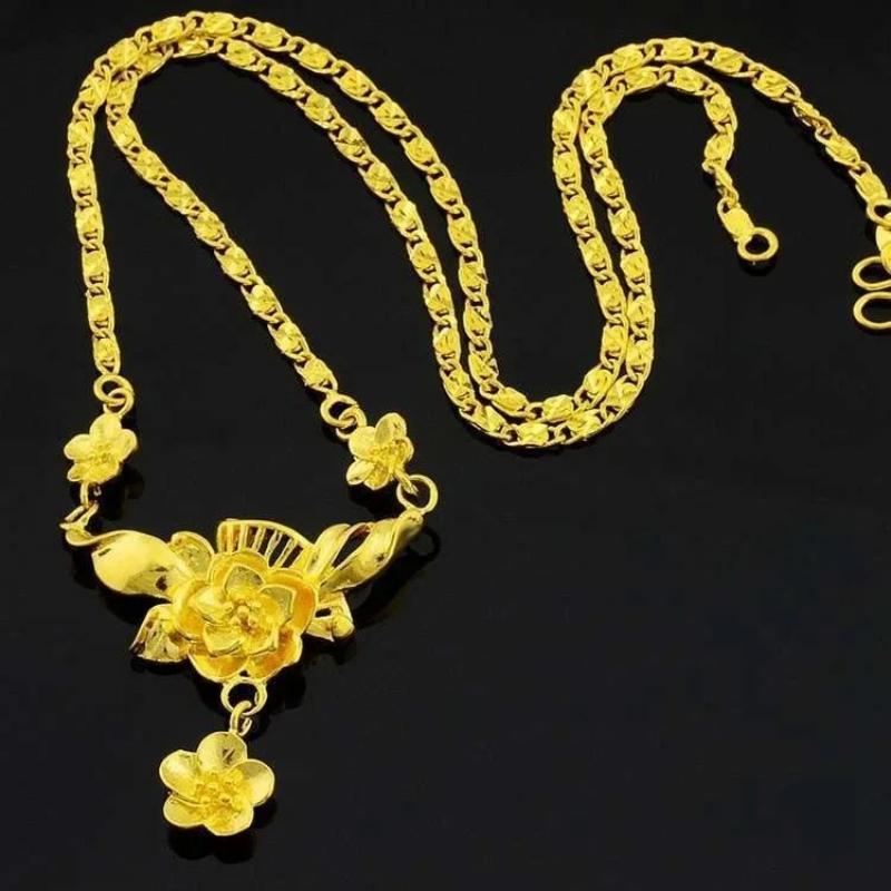 Luxury Pure Gold Real Gold Rose Three Raw Flower Necklace Women's One-piece Chain Rose Tassel Clavicle Chain