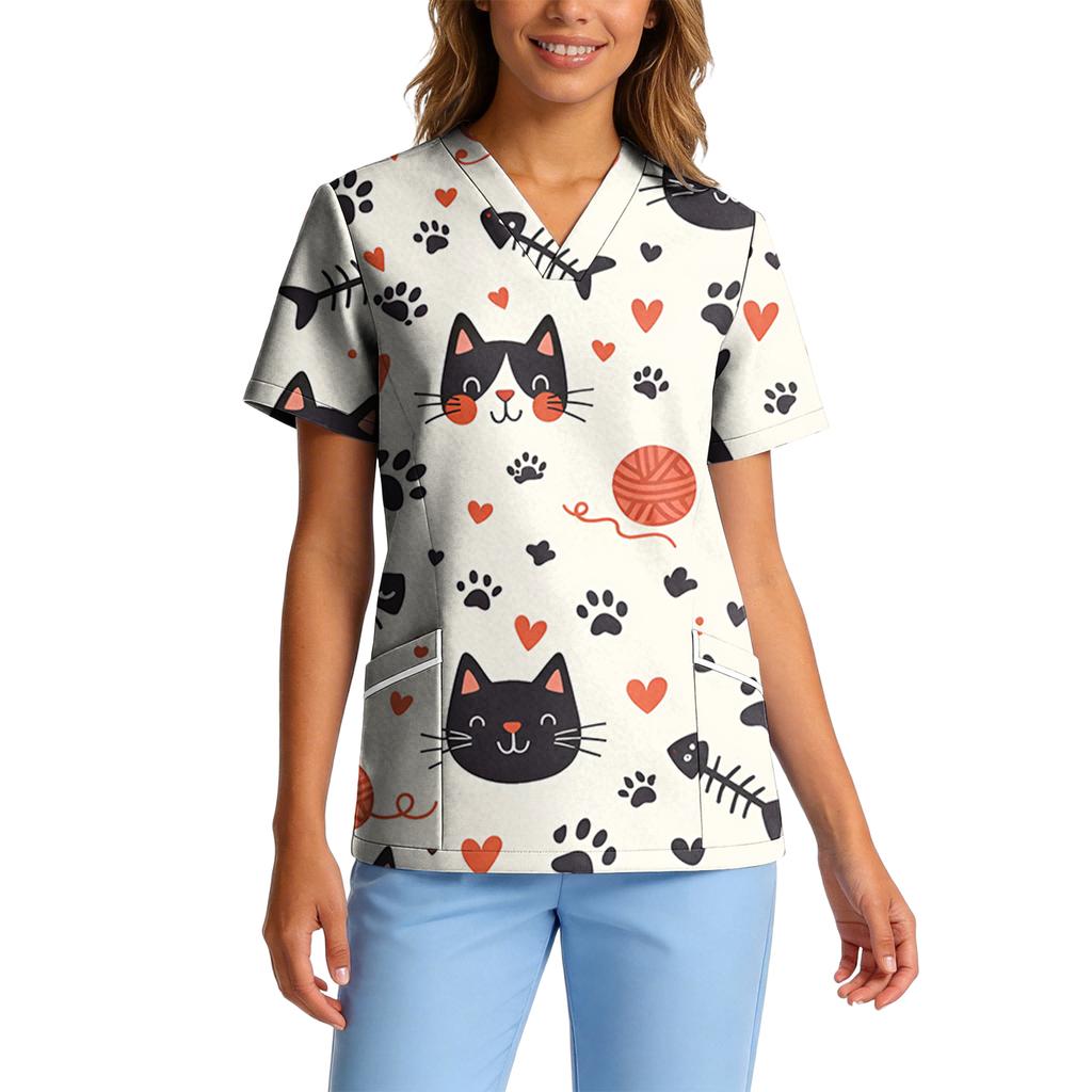 Top de Trabalho Feminino com Gola V de Manga Curta, Stretch e Secagem Rápida, com Estampa Animal e Bolsos