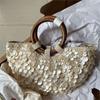 Wood Top Handle Handbag ladies White Crystal Shell Clutch Bag High Quality Women Wedding Hand Woven Vintage Chic Shoulder bag