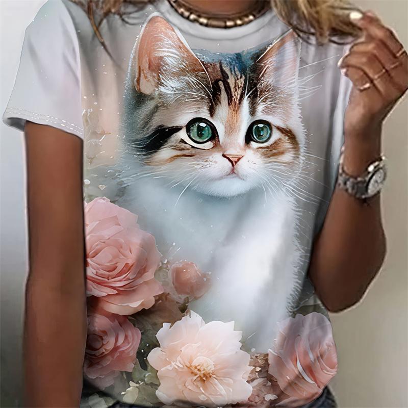 

Новые футболки с принтом «Кошки и цветы» для женщин, летняя мода, уличная, с круглым вырезом и коротким рукавом, для девочек, красивая футболка, женская одежда 6XL