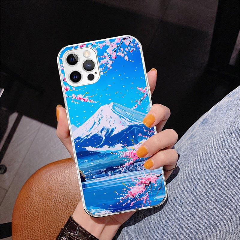 Japanese Cherry Mount Fuji Phone Case For iPhone 13 12 Mini 11 Pro Max XS XR X SE 7 8 Plus 5S 5 6S 6 Gift Print Cover Fundas