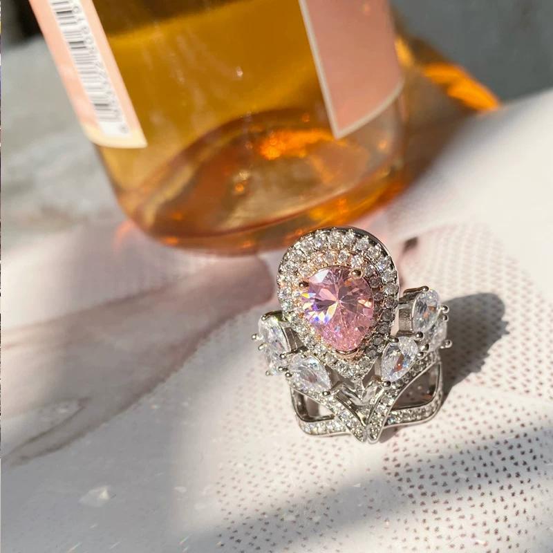 Married Princess Pink Premium Plated 18K Rose Real Gold Full Diamond Ring Two-Color Treasure Crown Ring Jewelry Women